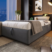 Letto contenitore singolo 90x200 cm con USB e USB C; cotone e lino grigio