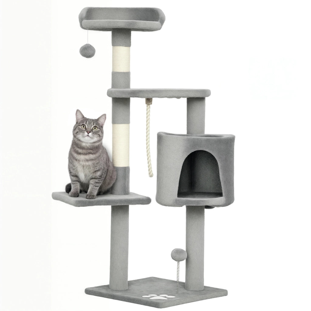 Albero tiragraffi per gatti con piattaforme, tana e corda ¨C zephmum ¨C 40x40x114 cm grigio