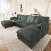 Divano angolare modulare 6 posti con due pouf contenitore e ricarica USB Type-C e portatelefono in chenille verde