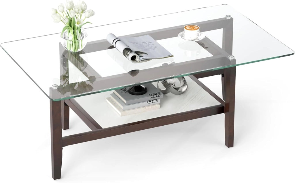 Tavolino da caffè in vetro, moderno rettangolare per soggiorno, tavolino da tè a 2 livelli, tavolino lungo con gambe in legno massiccio, tavolo in vetro per soggiorno, ufficio (107 x 60 x 42