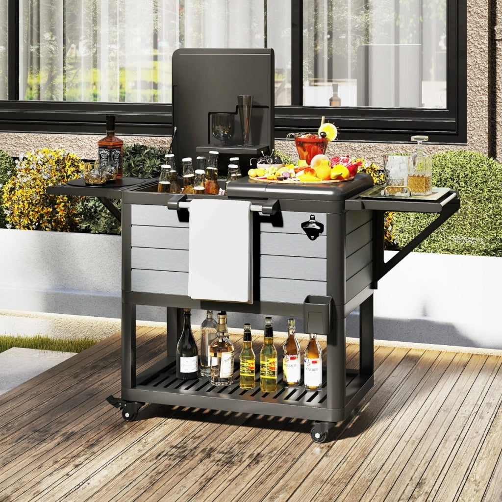 Carrello frigorifero da patio su ruote grande capacit¨¤ 91 L, Carrello per il ghiaccio portatile per feste in giardino Nero e Grigio-Carrelli