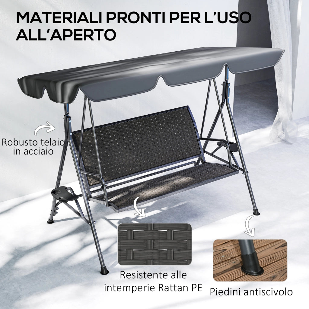 Dondolo da Giardino 3 Posti in Rattan PE e Acciaio ¨C zephmum ¨C Grigio 204x112x150 cm