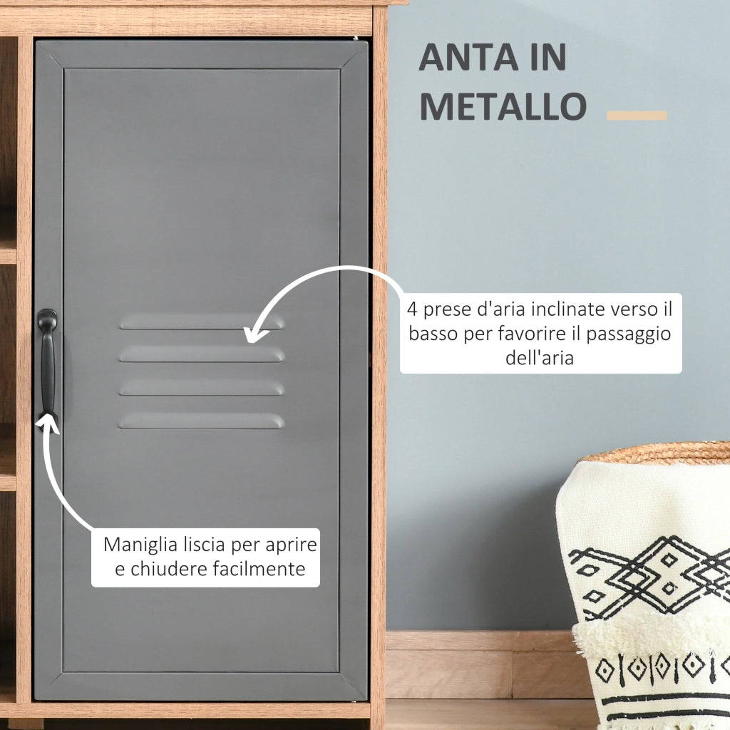 EasyComfort Mobiletto Multiuso con Ripiani e Armadietto in Legno con Anta in Metallo, Mobile per Soggiorno e Cucina, 80x35x82cm, Marrone Grigio
