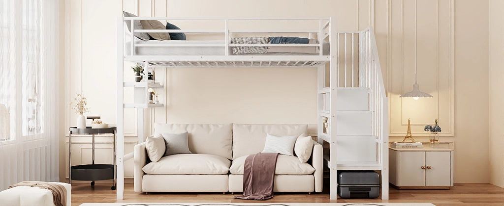 DESMIU Letto a soppalco letto bambino 1 posto con ripiani, scala contenitore e barriera 90 × 200 cm senza materasso