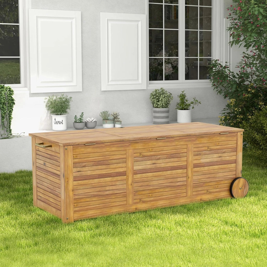 Baule da Esterno con Ruote 182 L, Contenitore da Giardino con Maniglia Laterale, Panca Contenitore in Legno, per Interni e Esterni, 127 x 50 x 45 cm (Modello 7)