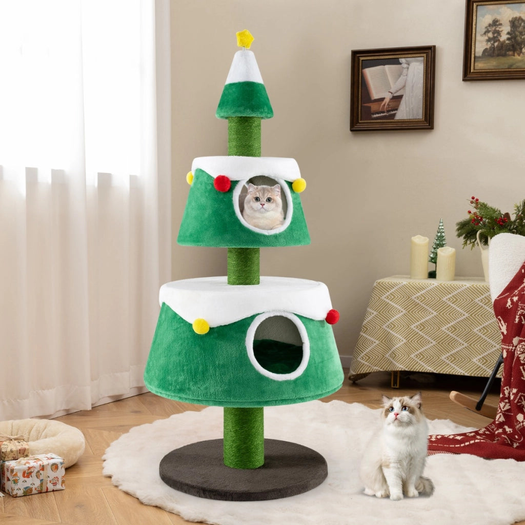 Tiragraffi per gatti ad albero di Natale con 2 condomini tiragraffi in sisal giocattolo a molla, Torre per gatti Verde-Alberi Tiragraffi