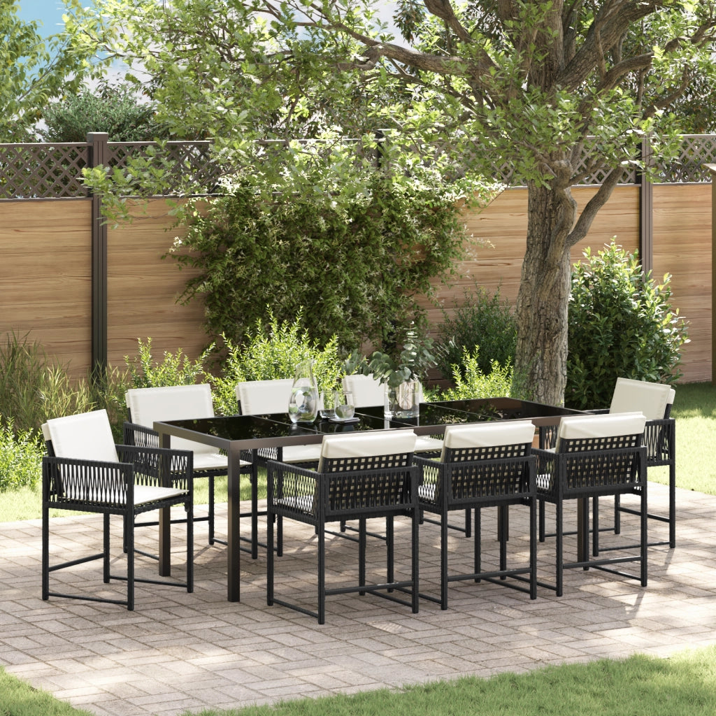 Set da pranzo da giardino 9 Pezzi con Cuscini Nero Rattan Poliestere