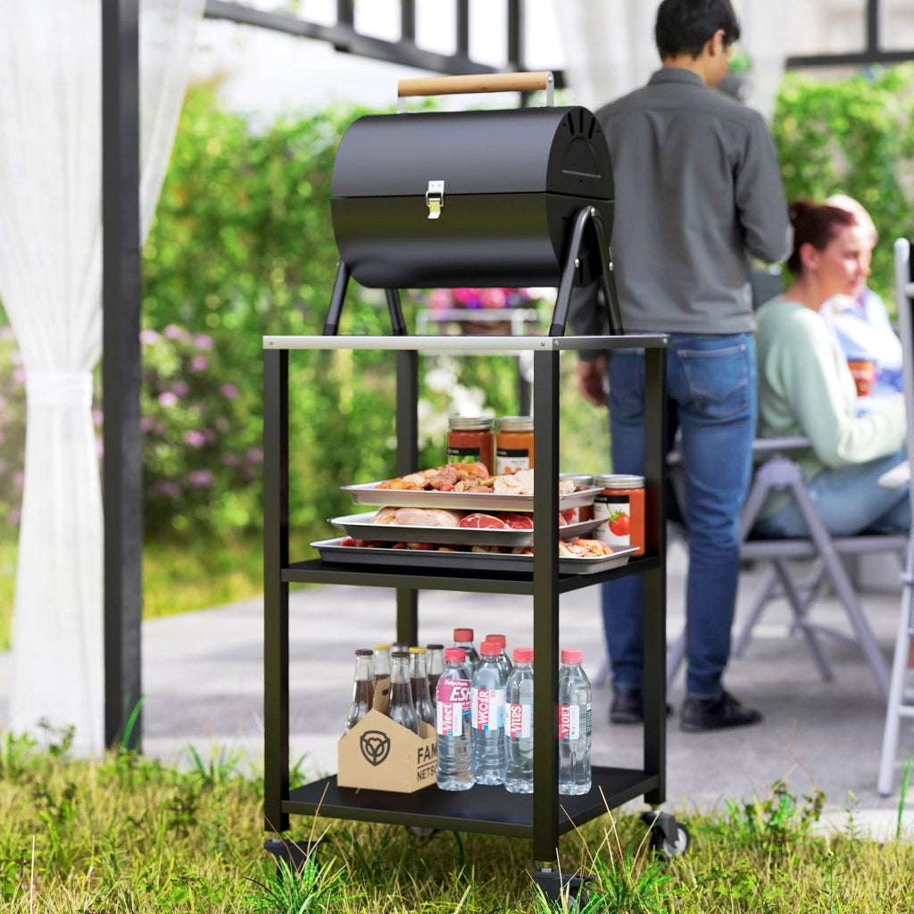 Tavolo da giardino 3 piani con ripiano in acciaio inox e ruote ¨C zephmum ¨C 50x50x90 cm nero