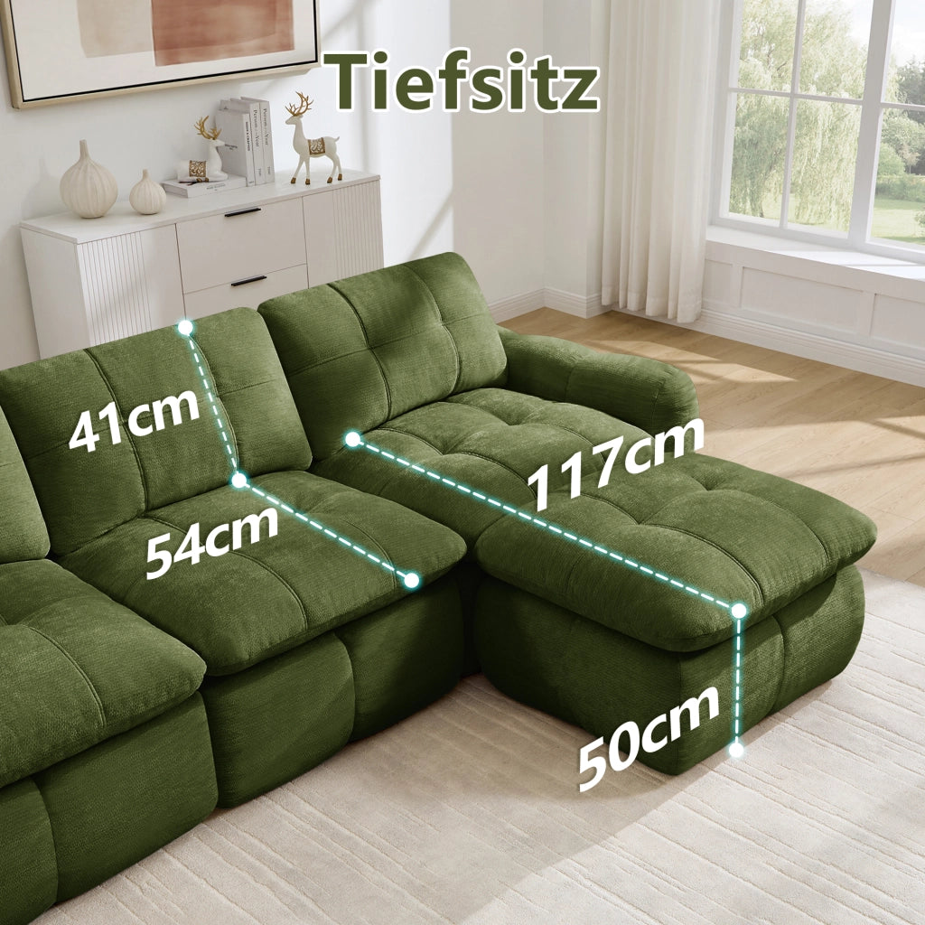 Divano modulare a U senza struttura in chenille con seduta ergonomica e due ottomani verde 264 × 160 × 68 cm