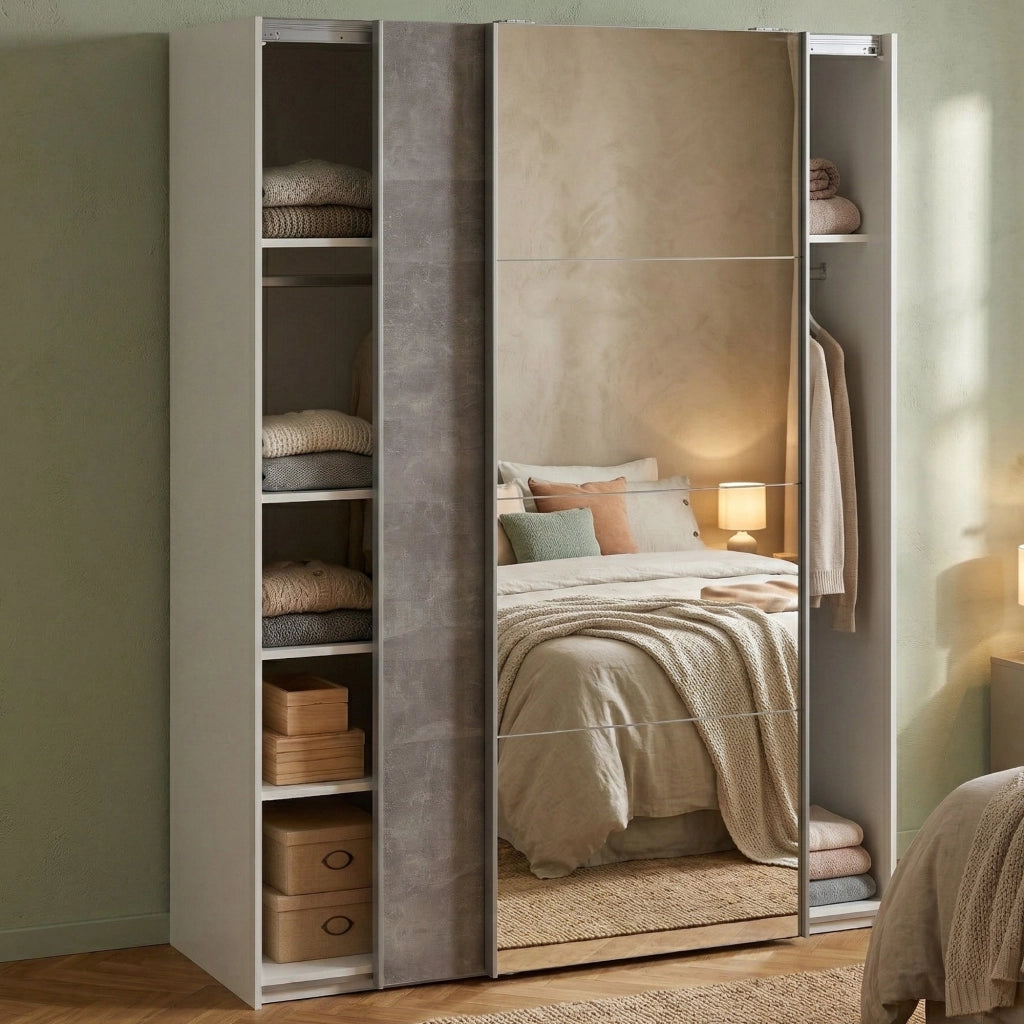 Guardaroba 2 ante Seraphine, Mobile camera da letto, Cabina armadio portabiti, Armadio appendiabiti, 150x61 h200 cm, Bianco e Grigio