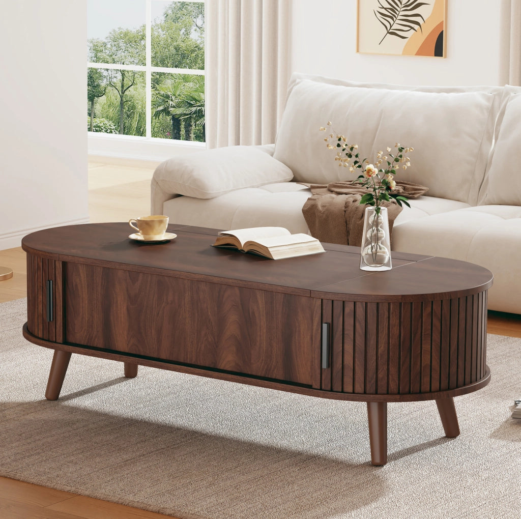 Tavolino da salotto 120x50x39.5 cm regolabile in altezza con vano nascosto in MDF noce