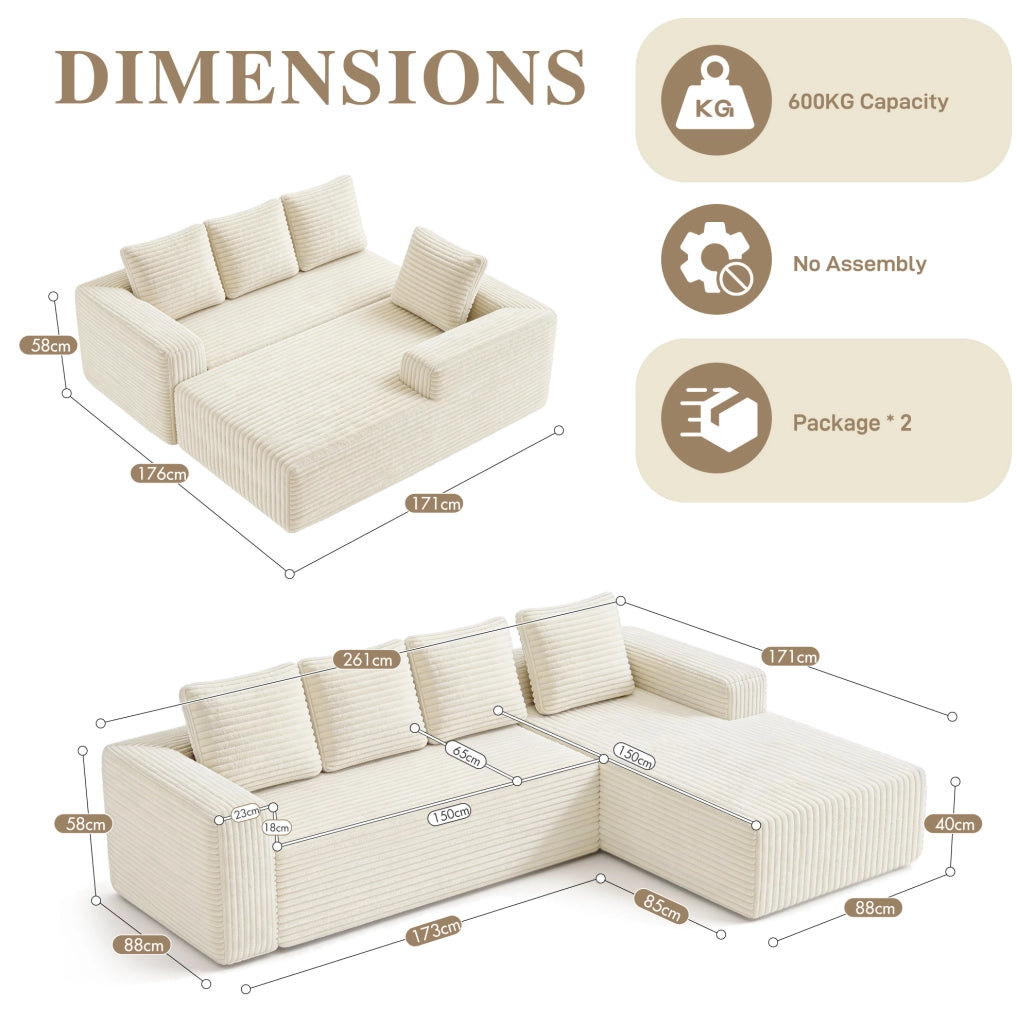 Divano modulare angolare a L 261x168x58 cm in corduroy beige