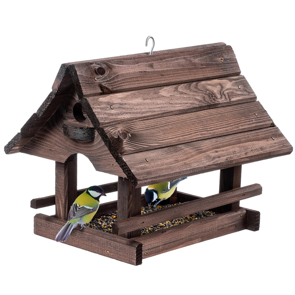 KADAX Grande casetta per mangiatoia per uccelli in legno di alta qualità da appendere, colore marrone, ideale come regalo.