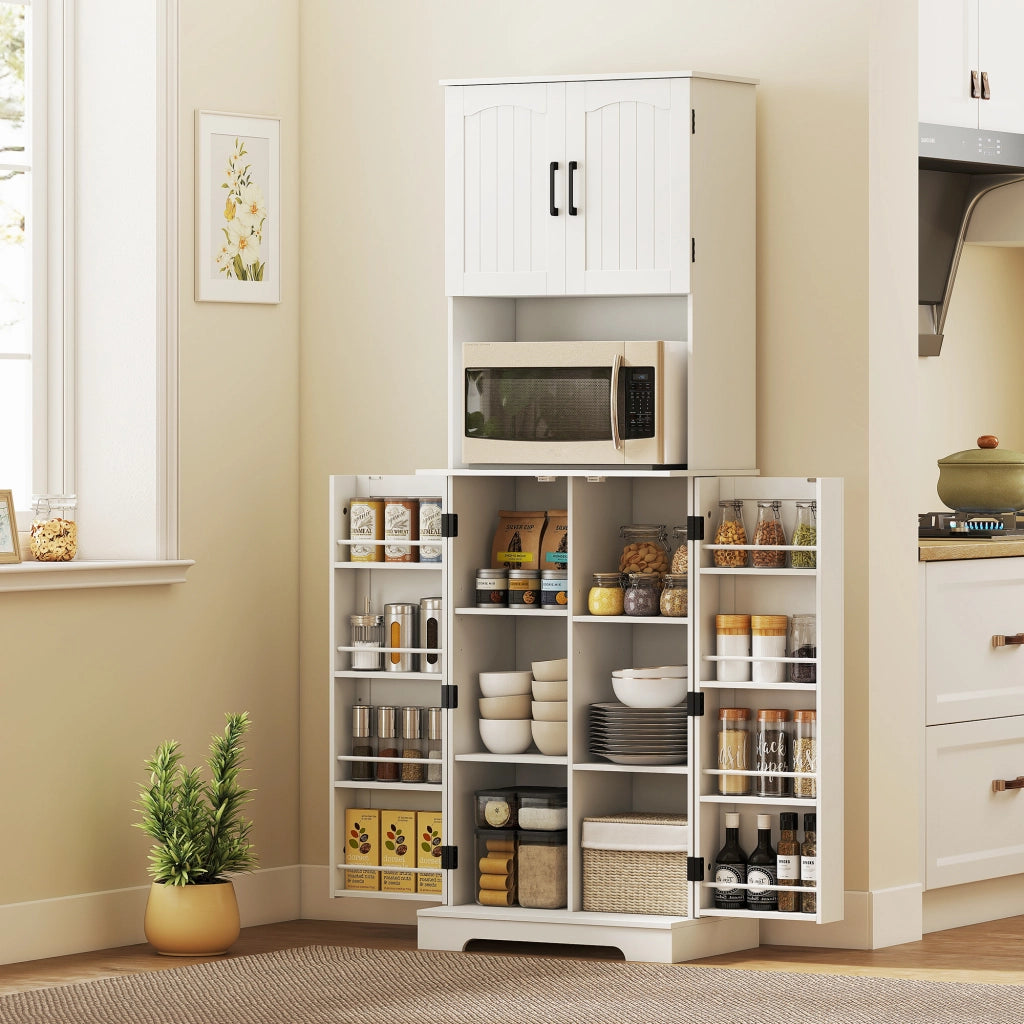 Credenza da Cucina Alta Stile Country, 2 Armadietti e 8 Portaspezie, 60x40x181.5 cm, Bianco