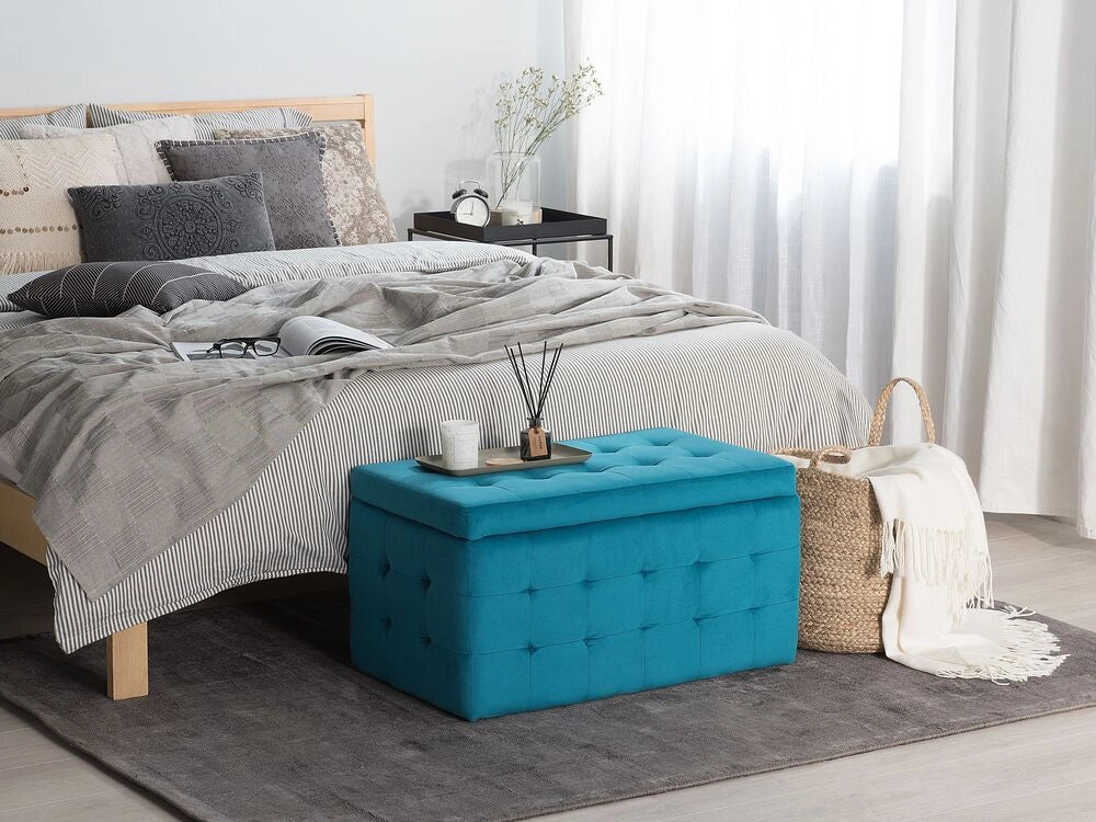 Pouf Cassapanca Imbottito in Velluto Blu Navy Stile Chesterfield