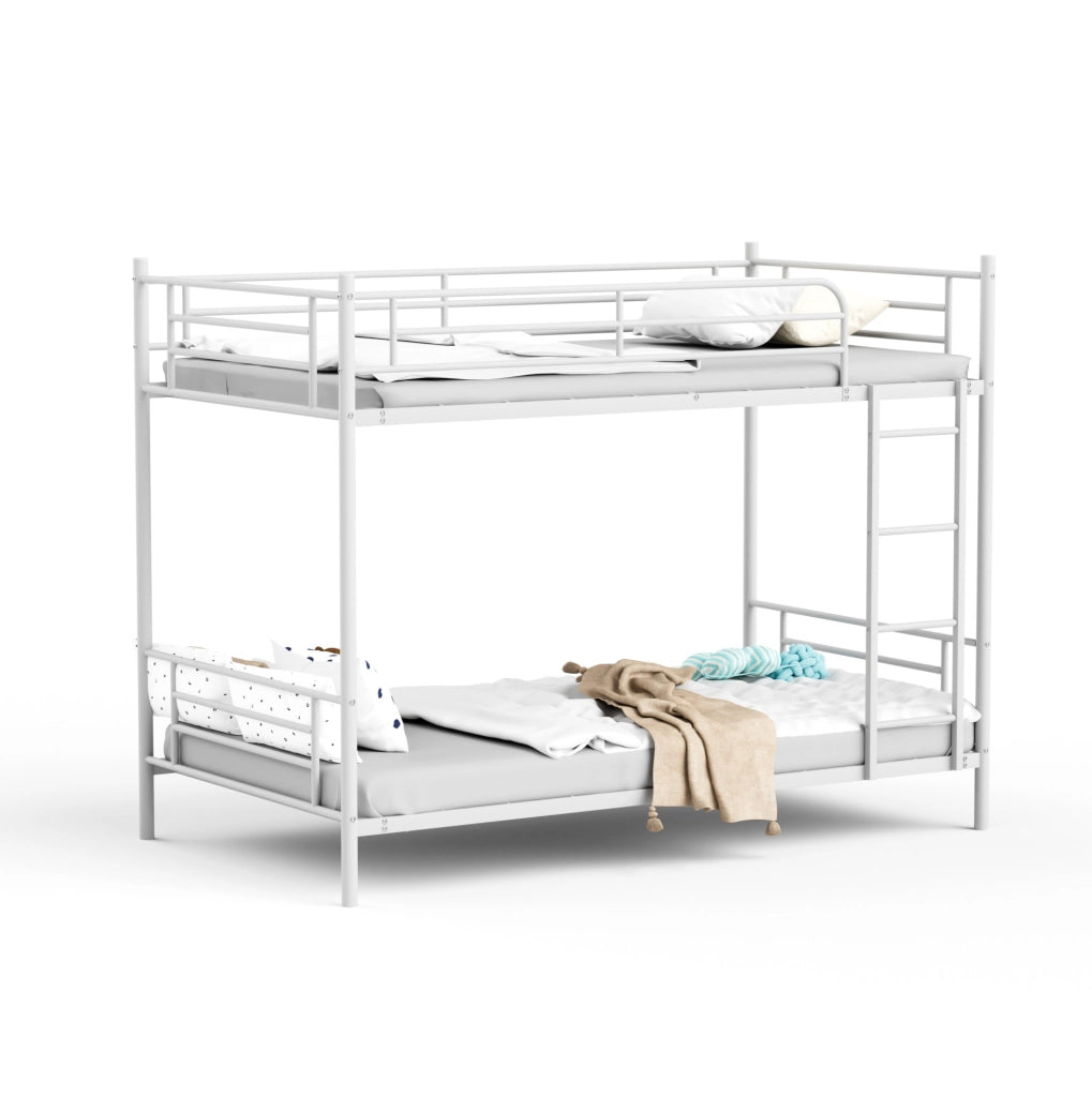 Letto a castello 90 x 190 cm in acciaio con scala e parapetto; bianco