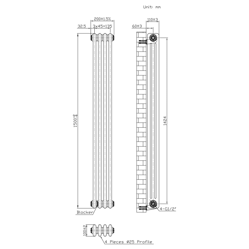 Radiatore 3 Colonne Verticale Metallo Grezzo 1500x200 mm