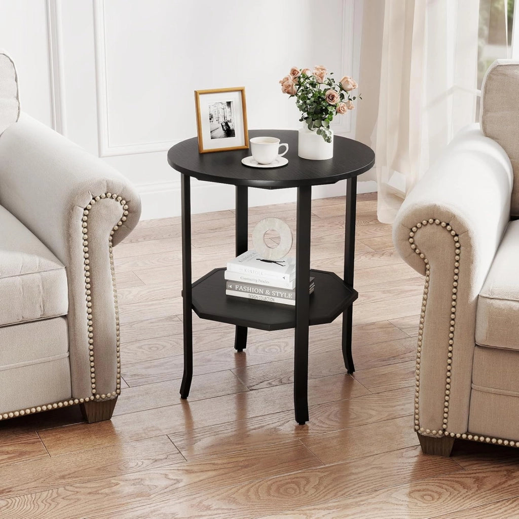 Tavolino Laterale Rotondo a 2 Livelli, Tavolino da Salotto Industriale con Ripiano di Stoccaggio, Struttura in Metallo, Comodino Moderno per Soggiorno e Ufficio, 50 x 50 x 61 cm (Nero)