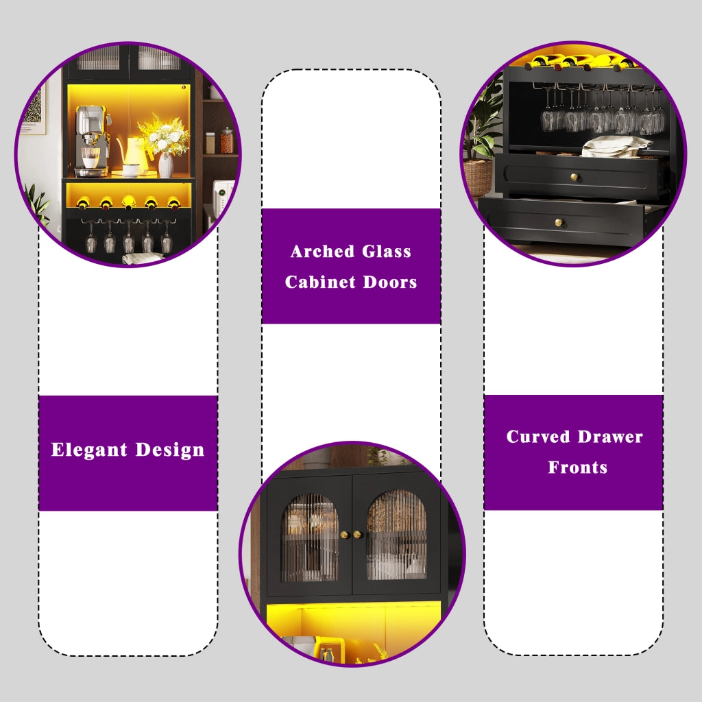 Credenza alta con ante in vetro curve LED con app e musica, ripiani regolabili, portabottiglie, nero 70 × 40 × 180 cm