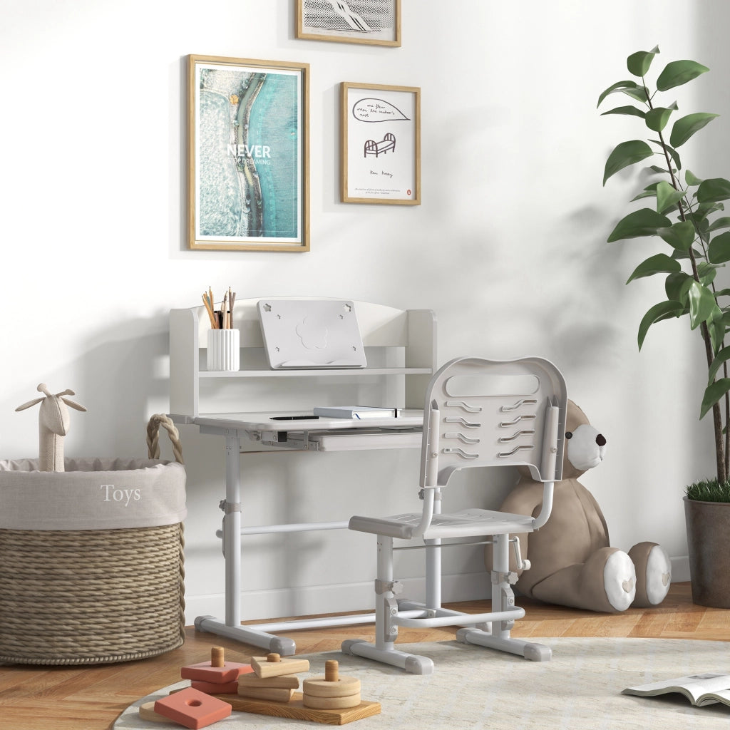 Scrivania per Bambini con Cassetto e Ripiano ¨C Zephmum ¨C Grigio e Bianco 80x54,5x82-104 cm