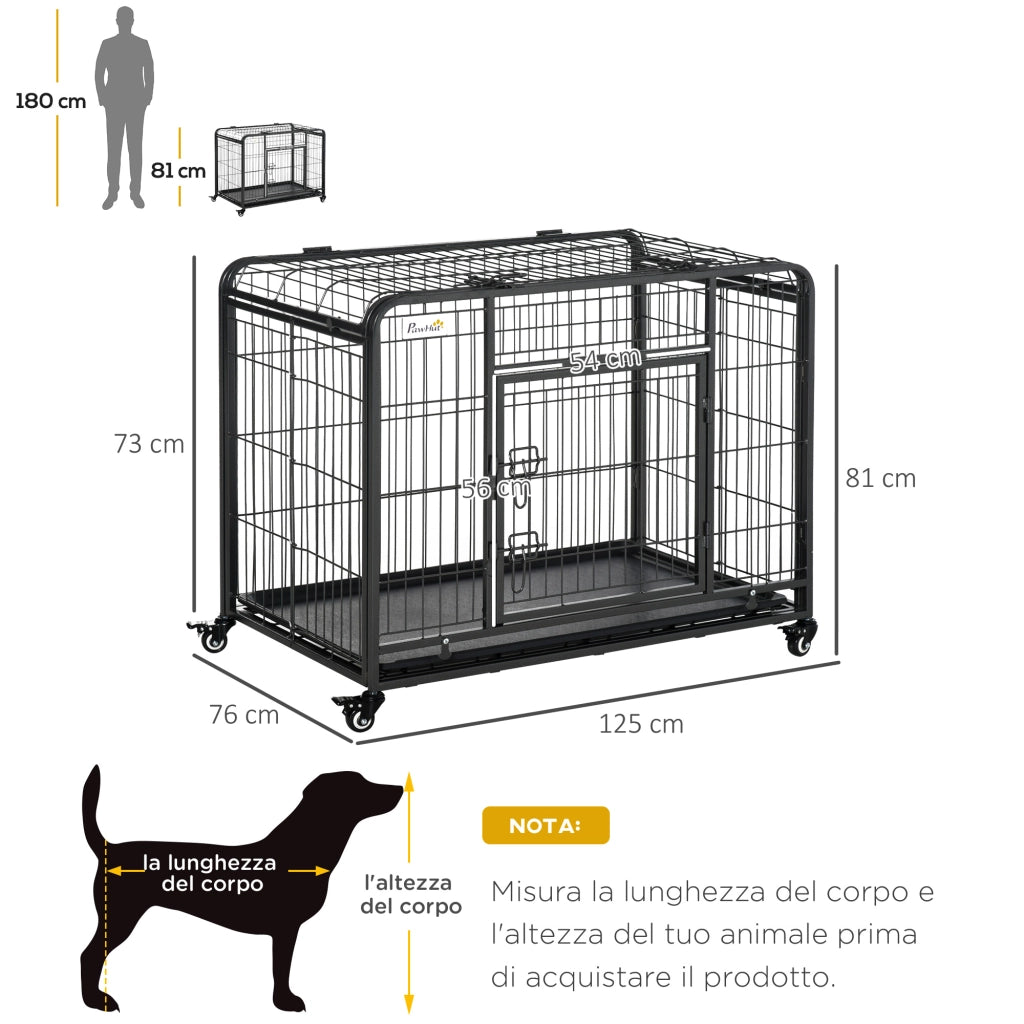 EasyComfort Kennel Gabbia per Cani Pieghevole a Doppia Porta con Blocco, Box per Cani con 4 Ruote con Freno e Fondo Rimovibile, 125x76x81cm, Grigio Scuro