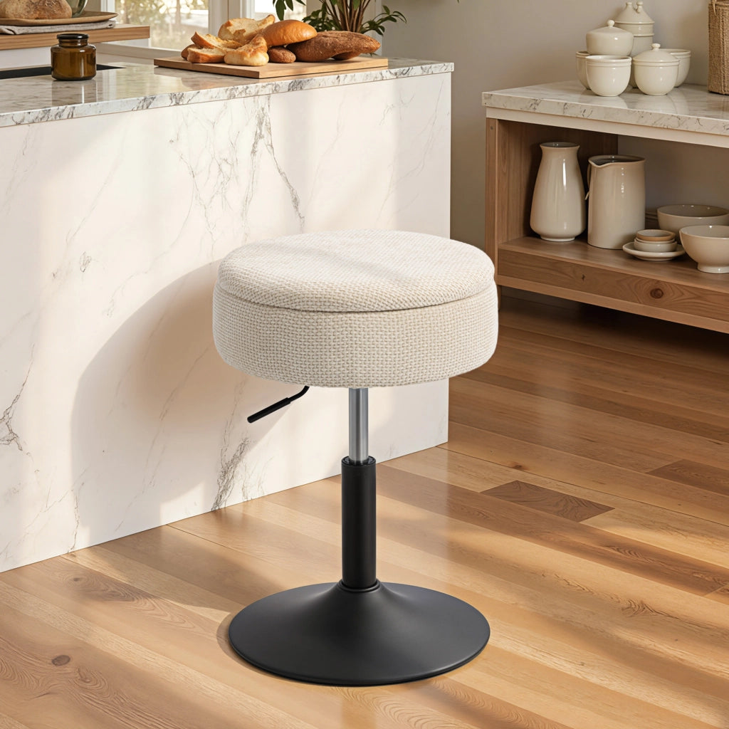Sgabello da Bar con Contenitore ¨C zephmum ¨C Altezza Regolabile, Rotante, Imbottito in Chenille Beige