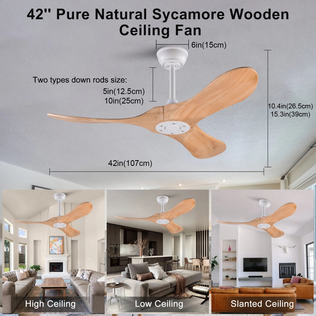 Ventilatore da soffitto 42 pollici, 3 pale legno, design ad elica, funzione memoria, telecomando, finitura noce, per terrazze e soggiorni