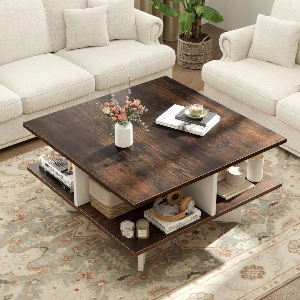 Tavolino quadrato a 2 livelli, tavolino da caffè in legno con 4 scomparti aperti e base a forma di X, 60 x 60 x 33 cm, tavolino per soggiorno, ufficio (marrone+bianco)