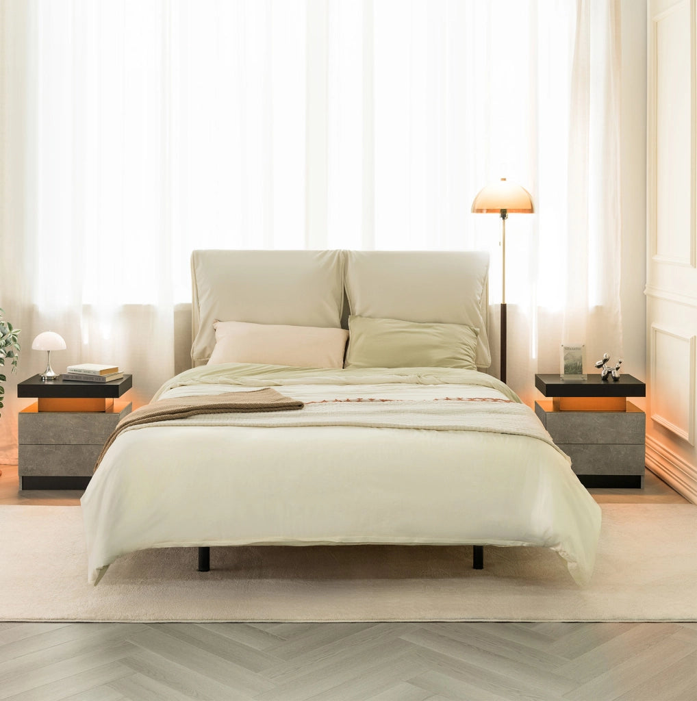 Comodino con LED regolabile; 2 cassetti e vano a giorno; grigio