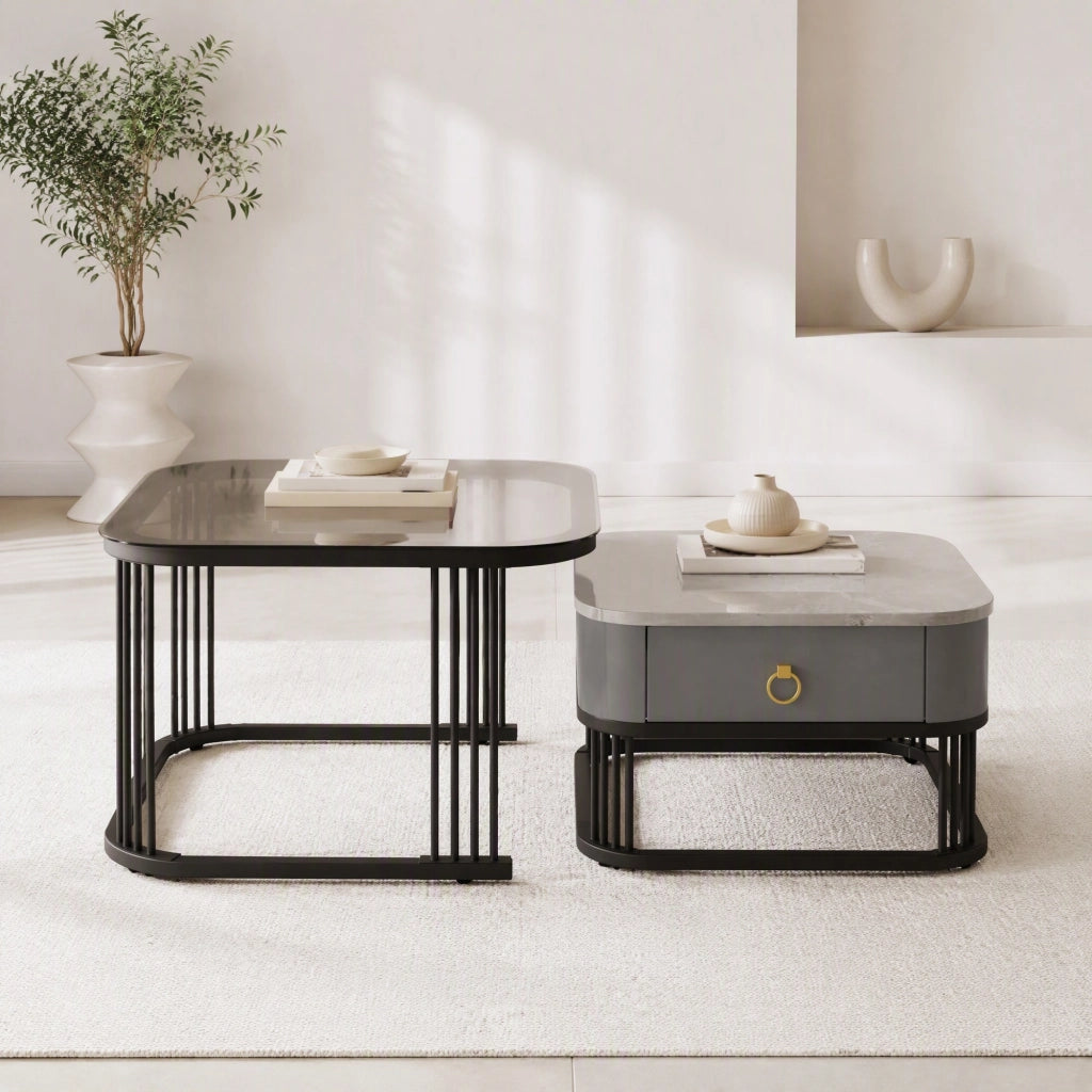 Tavolino da salotto modulare 2 pezzi con cassetti; piano effetto marmo e vetro; nero