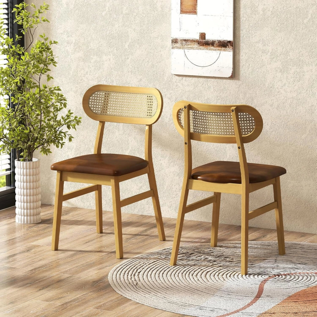 Set 2 Sedie Sala da Pranzo 49 x 48 x 79cm, Sedie da Cucina Moderno con Schienale Ergonomico in Rattan e Seduta in Pelle, Capacità di Carico 180 kg, per Soggiorno e Salotto (Marrone)