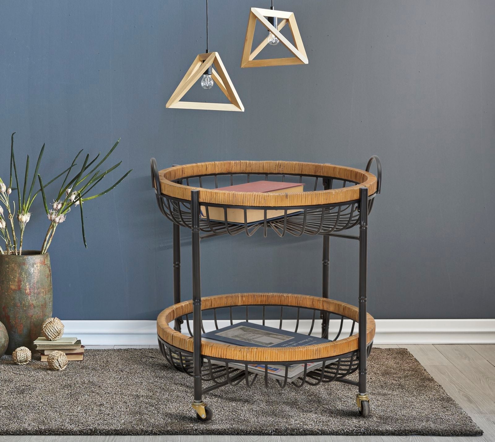 Carrello 2 Ripiani 57x55,5x62,5 cm con Ruote in Metallo e Rattan