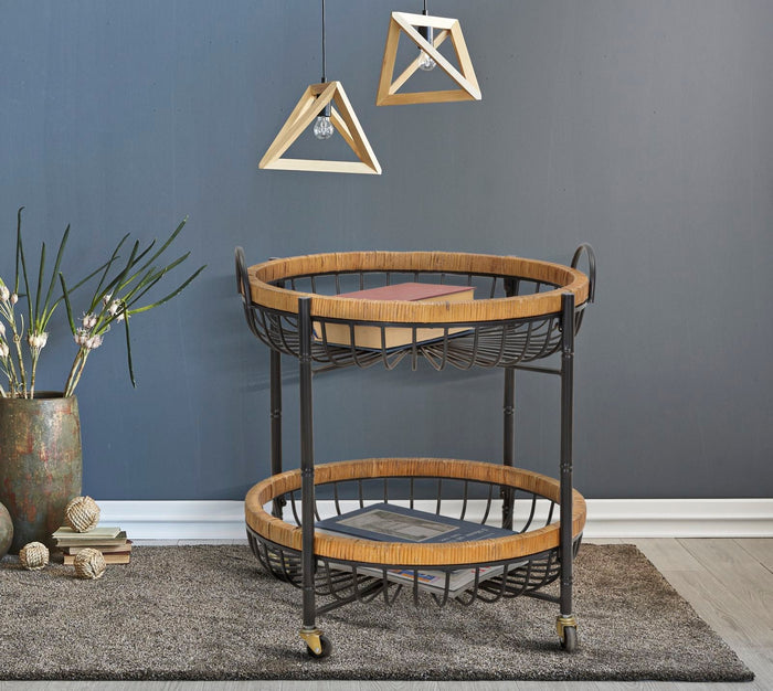 Carrello 2 Ripiani 57x55,5x62,5 cm con Ruote in Metallo e Rattan