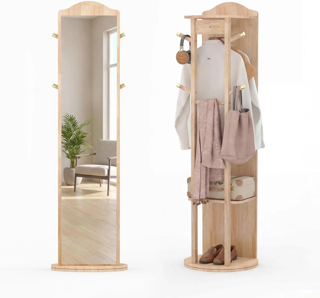 Appendiabiti Girevole a 360° con Specchio, Specchio a Figura Intera da Terra con Ripiani e Ganci, Appendiabiti per Soggiorno, Camera da Letto e Guardaroba (Stile 3)