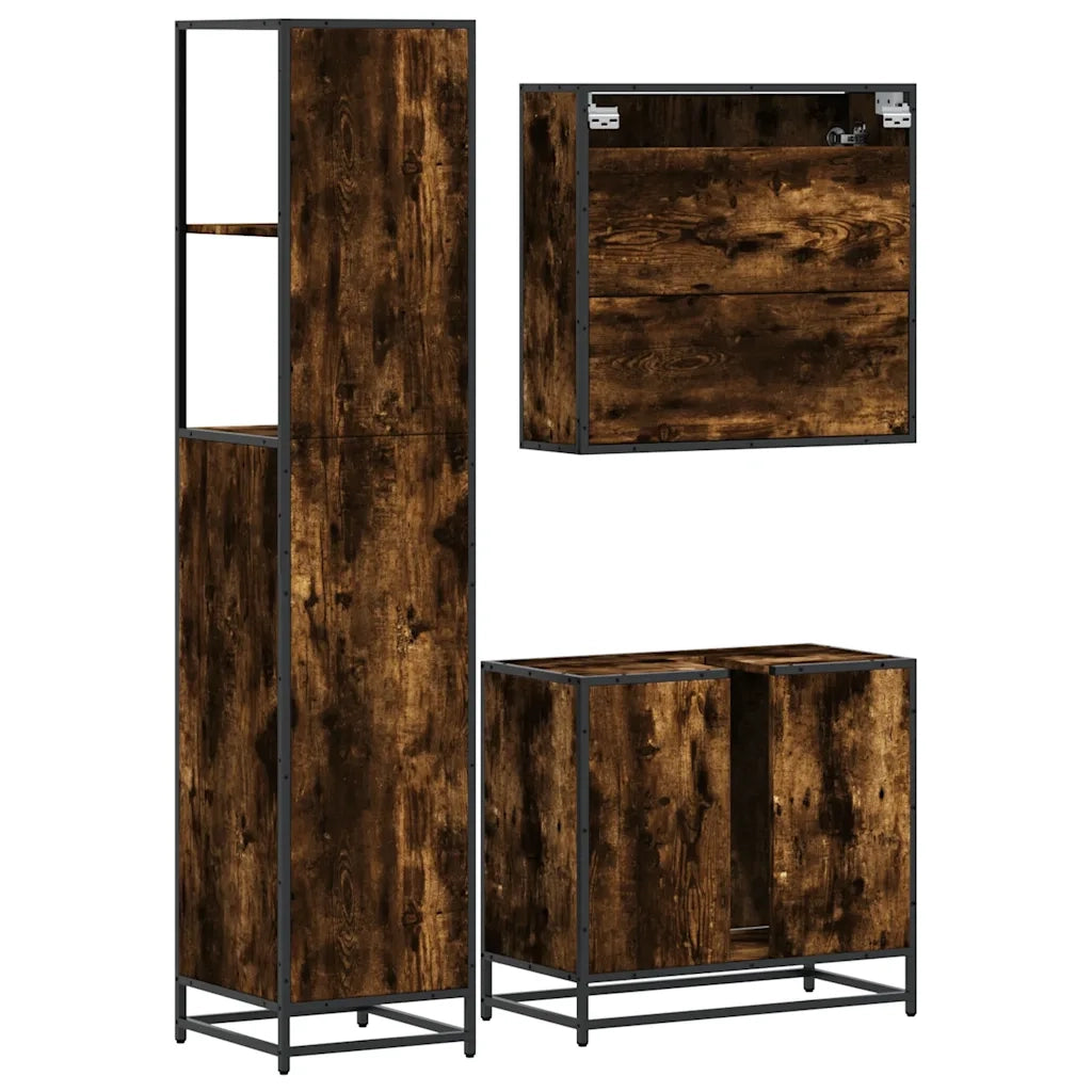 Set Mobili da Bagno 3 pz Rovere Fumo in Legno Multistrato