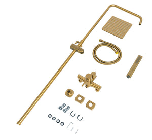 Colonna doccia oro spazzolato | Soffione a pioggia quadrato, doccetta portatile, sistema anticalcare e flessibile antito