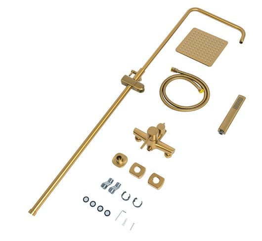 Colonna doccia oro spazzolato | Soffione a pioggia quadrato, doccetta portatile, sistema anticalcare e flessibile antito