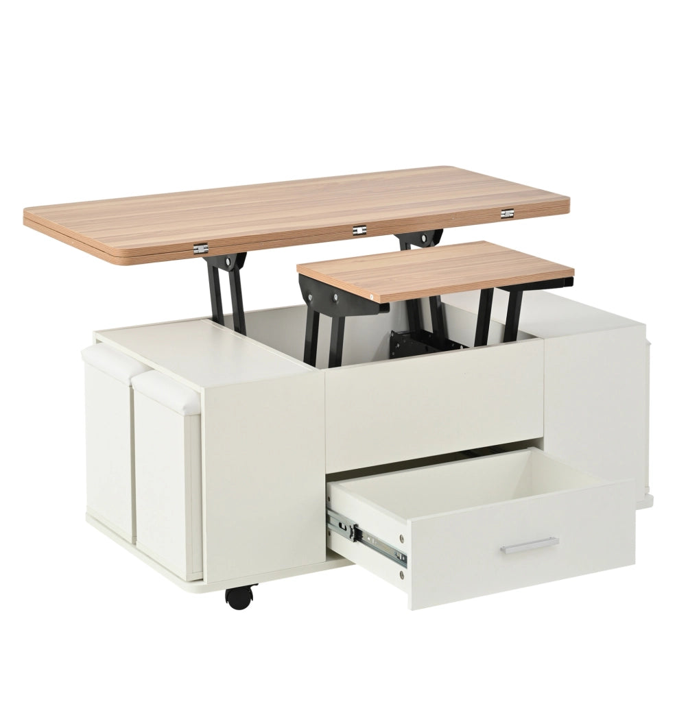 Tavolino da caffè sollevabile 100x50 cm trasformabile in tavolo da pranzo; bianco e legno naturale