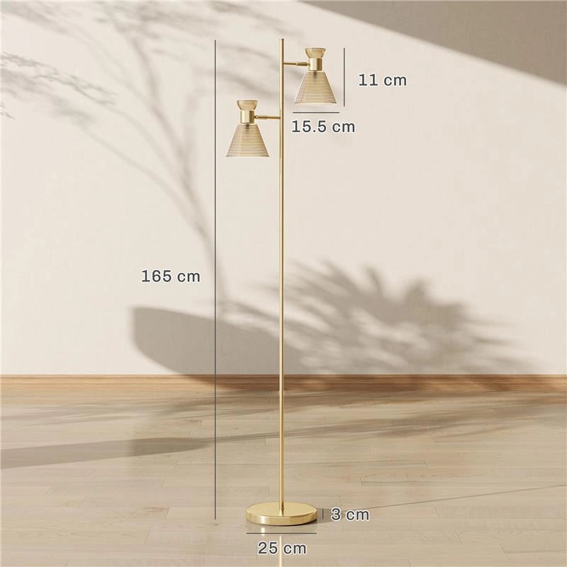 LAMPADA DA TERRA MODERNA CON 2 LUCI E TESTE REGOLABILI, INTERRUTTORE A PEDALE, ORO