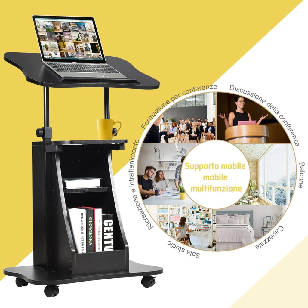 Carrello Porta Computer, Altezza Regolabile, Postazione da Lavoro con Ruote, carretto Porta Computer e Scrivania con Superficie Girevole,Ideale per Casa e Ufficio
