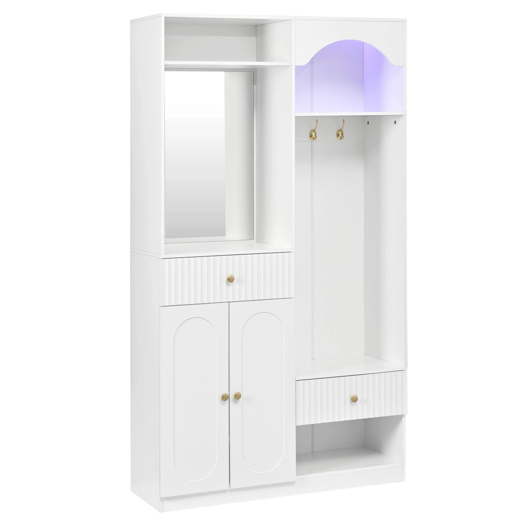 Mobili da ingresso con specchio, seduta, ganci e LED, 2 cassetti, ripiani regolabili, in MDF bianco, 100 × 35 × 180 cm