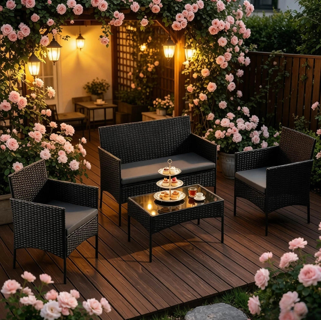 Set da giardino ULEVR 4 pezzi per 4 persone con divano 2 posti, 2 poltrone e tavolino con vetro temperato, nero
