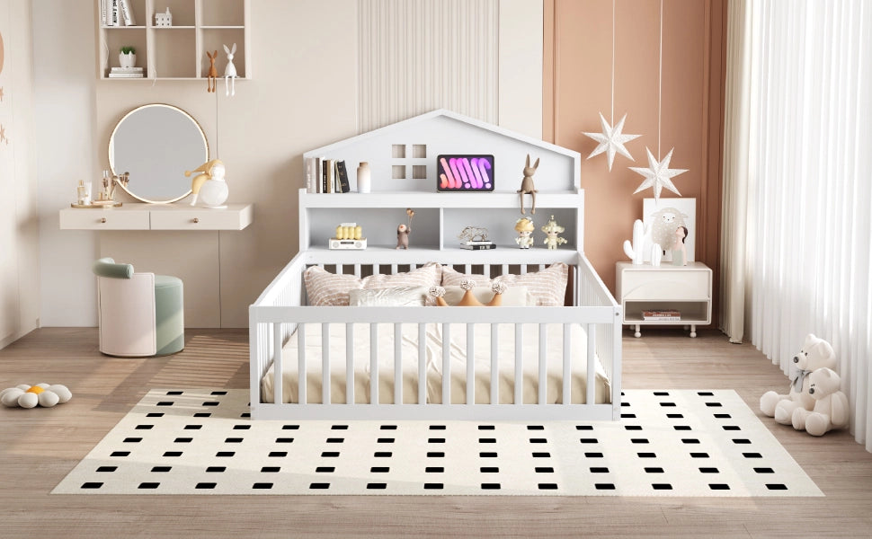 Letto per bambini bianco in legno massello con funzione casa stoccaggio integrato