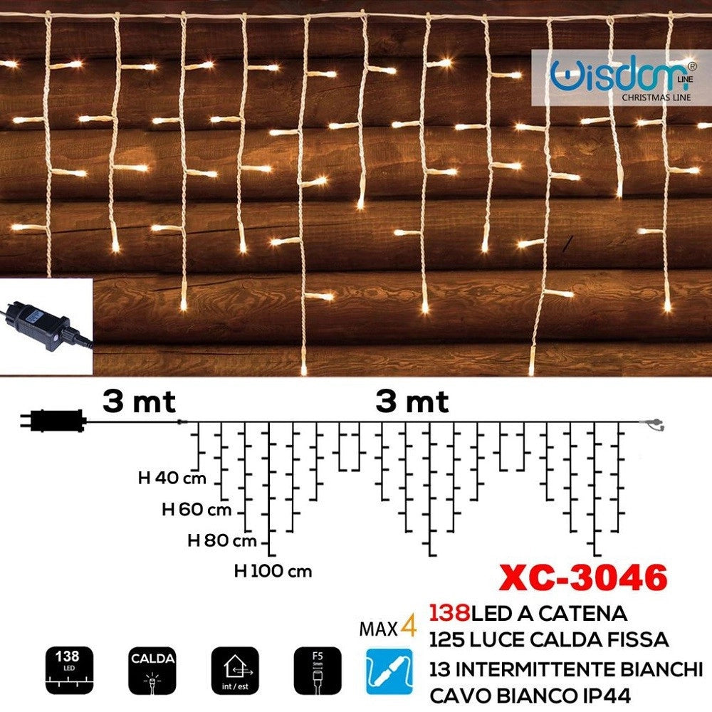 Trade Shop - Tenda Luminosa Natalizia 138 Led Luce Calda Fissa + Bianca Intermittente Xc-3046 -