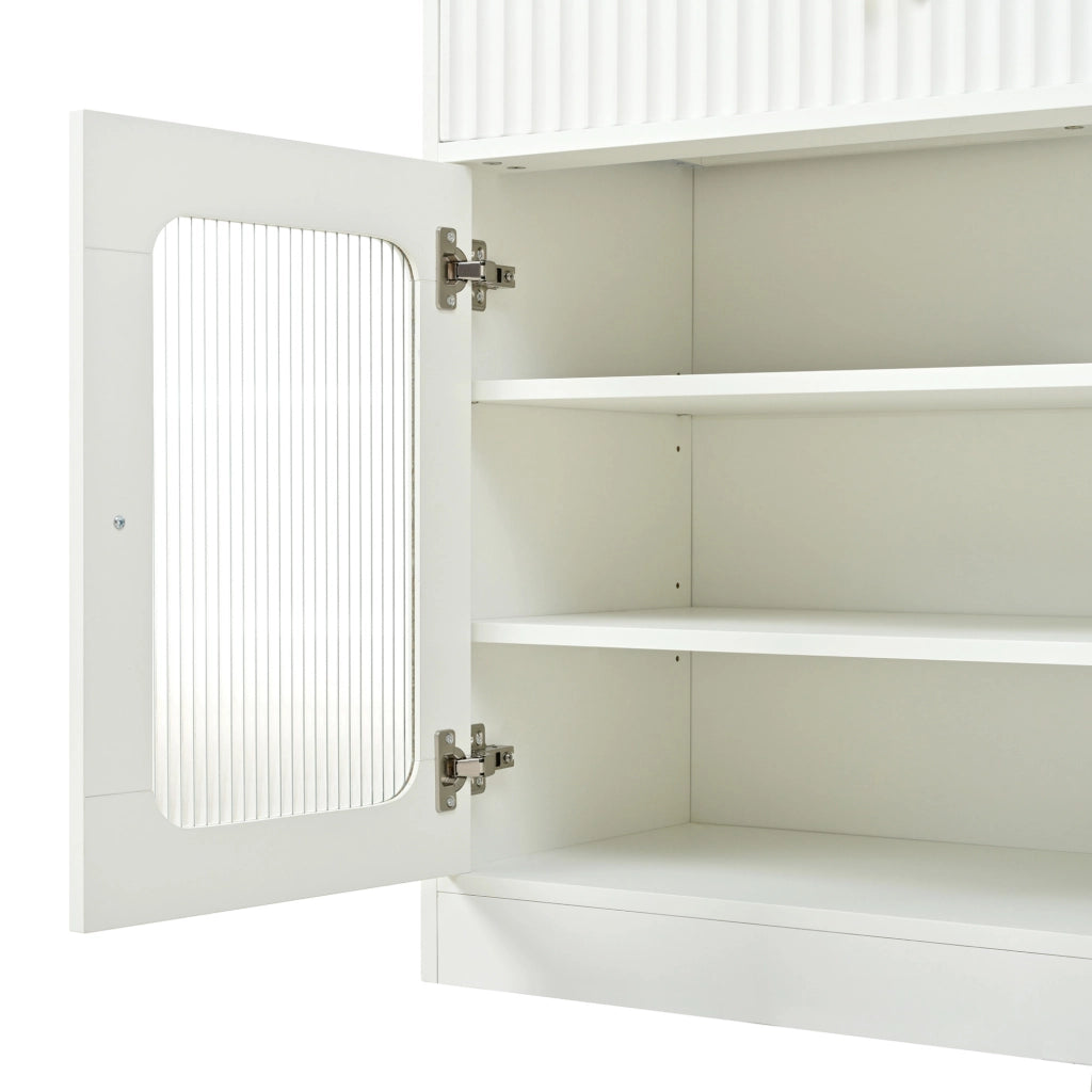 Credenza 80x40x180 cm con LED; ripiani regolabili e anta ribaltabile in MDF e truciolare bianco