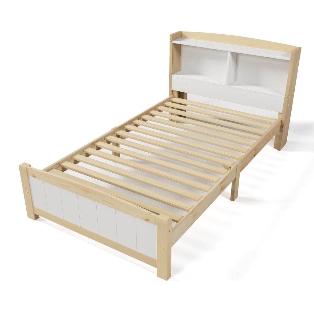 Letto singolo 90 × 200 cm con testiera contenitore, materasso incluso, in legno massello bianco