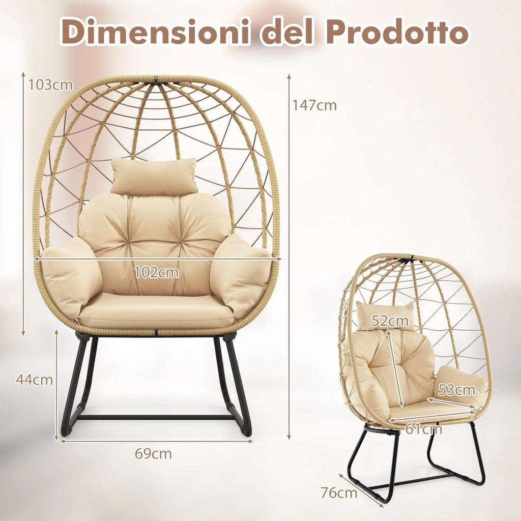 Poltrona in Rattan da Giardino, Sedia a Nido con Cuscino Rimovibile, Supporto in Metallo, Sedia a Uovo da Interni ed Esterni, Portata 150 kg, 100 x 76 x 145 cm (Beige)