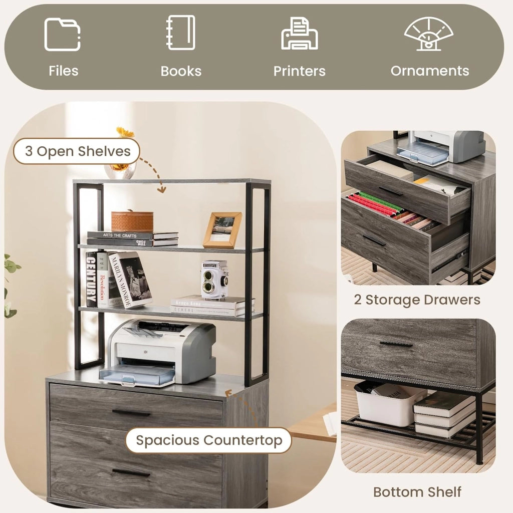 Libreria Scaffale con 2 Cassetti, Mobile di Stoccaggio con Dispositivo Antiribaltamento, Armadietto per Soggiorno, Ufficio, Camero da Letto, 75 x 40 x 156 cm (Grigio)