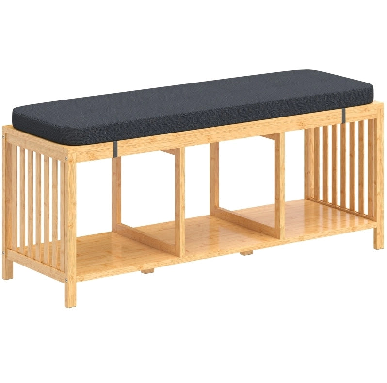 Panca portascarpe 102x33x45 cm in bambù naturale con cuscino imbottito e 3 vani,