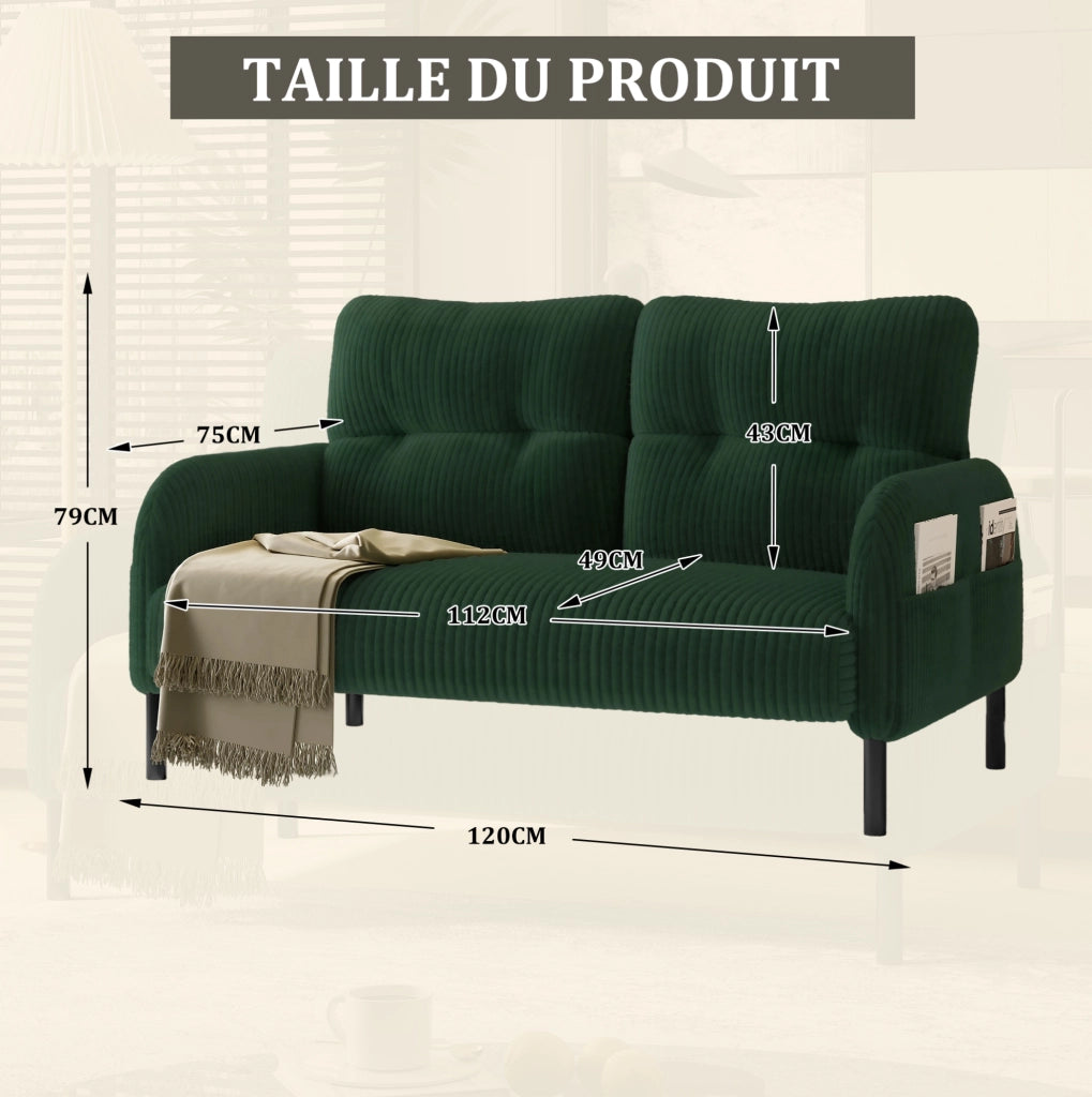 Divano 2 posti 120x75x79 cm con tasca laterale e schienale ergonomico in corduroy verde smeraldo